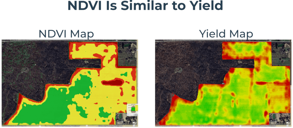 An NDVI map shows similar trends to yield