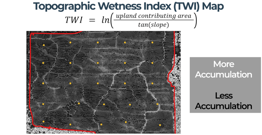 Topographic Wetness Index (TWI) can be used to create a map of in-field water accumulation.